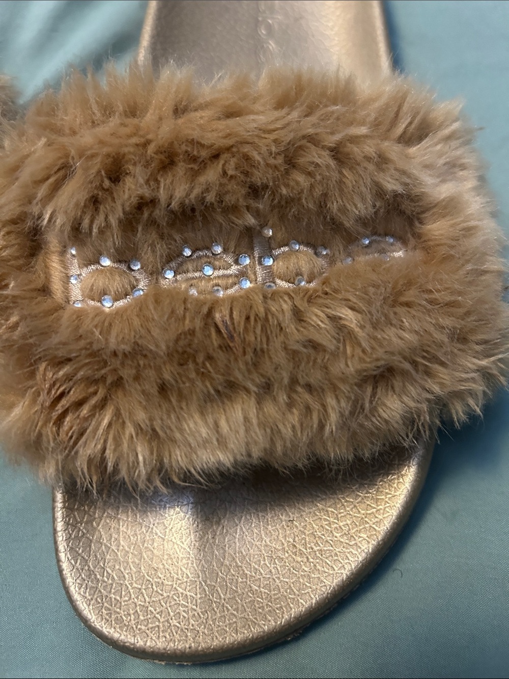 bebe Faux Fur Crystal Logo Slide Sandal - Brown